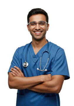 young indian male doctor in azure surgical scrubs, clear glasses, and silver stethoscope, arms crossed, smiling warmly, isolated on pure white high-key background, concept of approachable healthcare