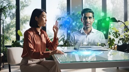 Woman and man communicate through holographic virtual display for future technology meeting or remote work collaboration - Powered by Adobe