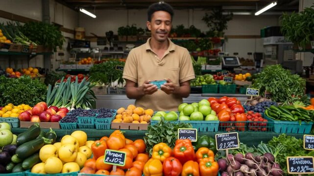 Male produce vendor smiling, holding a small container of berries in a market stall with abundant fresh fruits and vegetables