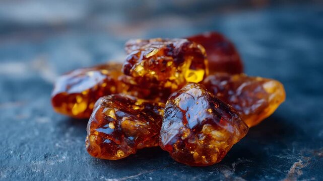 32Macro perspective of raw amber nuggets glowing softly under warm light, resting on textured dark background, strong contrast and natural composition