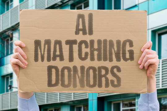 "AI Matching Donors" Programs pair blood types connecting compatible givers with recipients. MATCH. BLOOD. DONOR. TYPE. RECIPIENT.