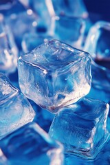 Close up of ice cubes with blue background featuring fresh refreshing colors and clear details, arranged orderly on table with cool tones and static composition.