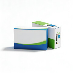 Two white cardboard packaging boxes with blue and green wave design and a delivery truck icon isolated on white background