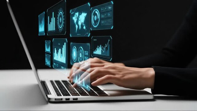Professional hands typing on a laptop keyboard interacting with holographic charts and a world map displaying big data visualization for global business analysis - Powered by Adobe
