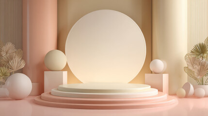 3D product display scene featuring a geometric podium platform for showcasing cosmetics, rendered as a 3D vector background with a beige studio pedestal stage.