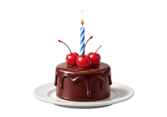 stylized vector illustration of a round dark chocolate ganache cake, three glossy maraschino cherries, and a lit striped candle on a white plate with copy space. concept for festive advertising