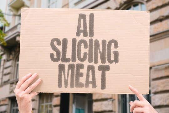 "AI Slicing Meat" Machines cut portions achieving uniform thickness in deli departments consistently. SLICE. MEAT. DELI. CUT. PORTION.