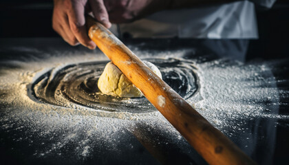 Crafting dough A chef uses a wooden rolling pin on a floured surface. Concept for baking, food preparation, cooking, and culinary arts. Closeup. Dark moody look.