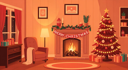 Cozy interior home room with a decorated Christmas tree and fireplace, offering a festive holiday celebration design