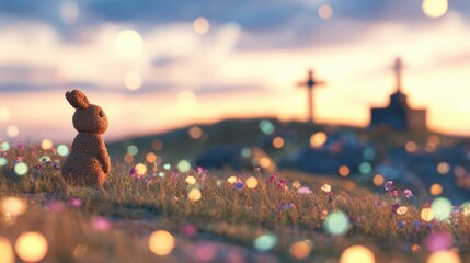 Cute bunny toy gazes at sunset over hills with crosses in the background