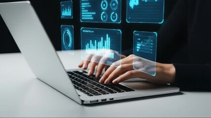 Professional person typing on a laptop surrounded by glowing blue virtual screens showing business data charts graphs and dashboard metrics for technology analytics - Powered by Adobe