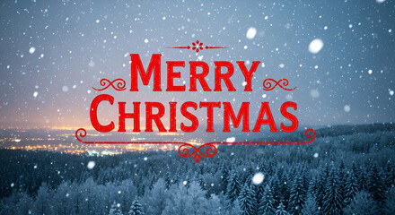 Merry Christmas sign with lights and festive design on winter background