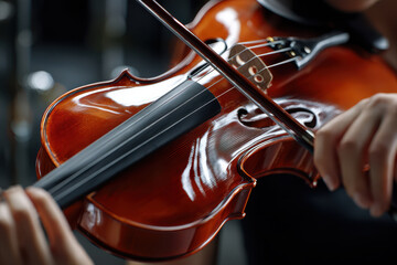 Fototapeta premium Violin performance during a concert in a lively indoor setting on a summer evening