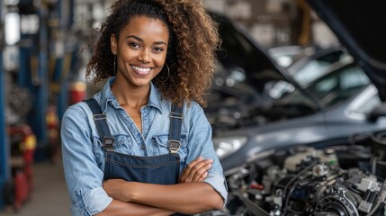 Confident african female mechanic in a garage with cars and engines in background, smiling and crossing arms