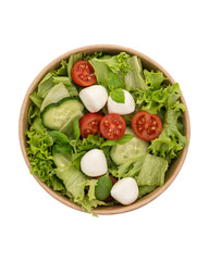 Salad with cheese and vegetables isolated on white background