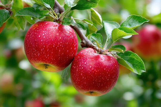 Two ripe red apples with water drops on a branch - Powered by Adobe