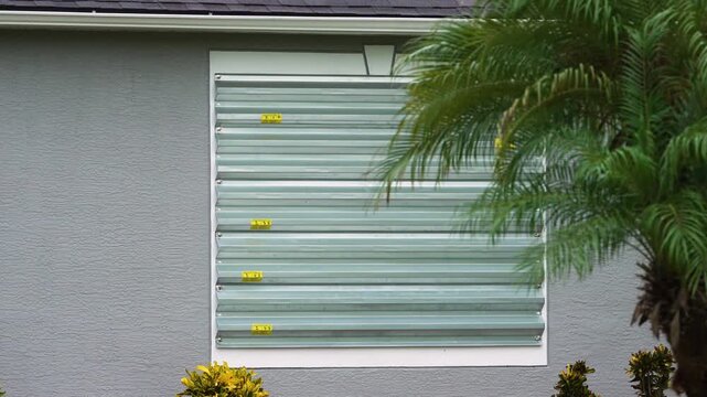 Storm resistant steel shutters cover windows of Florida house as precaution before hurricane. Home prepared for extreme weather