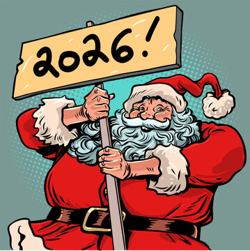 Santa Claus holds 2026. Santa Claus is excited about the coming New Year. Special offers for customers during the holidays.