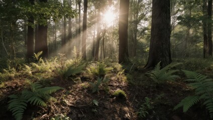 Obraz premium Sunlit forest scene featuring towering trees, ferns, and the play of light and shadow