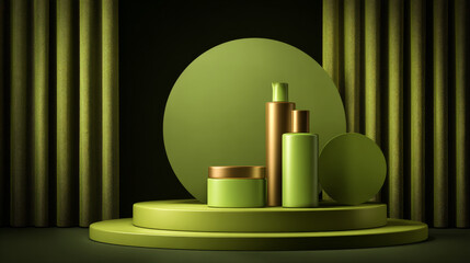 Abstract 3D vector minimal scene for product mockup, featuring a cosmetic display stage set against a green velvet curtain background for a sale or promotional event.
