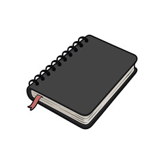 A simple black notebook with a coil binding and a red bookmark lies on a white surface.