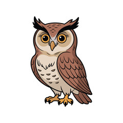 An owl with round eyes stares forward, its brown and cream feathers neatly patterned.