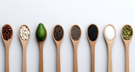 Healthy Superfoods Variety Wooden Spoons Filled with Nutritious Seeds, Beans and Avocado for Balanced Diet
