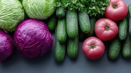 Fresh Vegetables on Gray Surface Including Cabbage, Cucumbers, Tomatoes, and Parsley