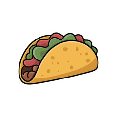 Cartoon illustration of a delicious taco with meat, lettuce, and salsa on a white background.
