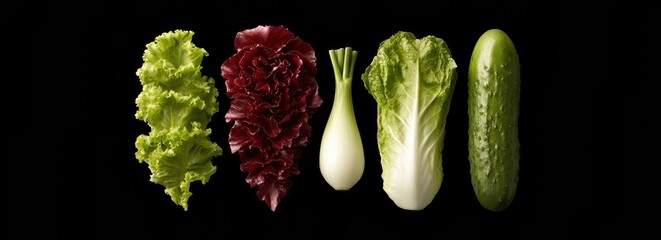 Fresh and Colorful Vegetables on Black Background Salad Ingredients for Healthy Eating Recipes.