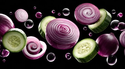 Sliced Red Onions and Cucumbers with Water Droplets on Dark Background for Culinary Art
