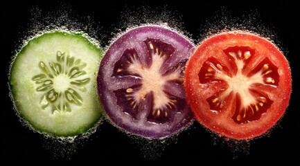 Fresh Vegetable Slices of Cucumber, Tomato, and Purple Tomato in Water with Bubbles.