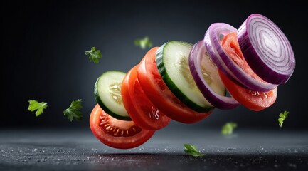 Floating Salad Ingredients A Fresh and Vibrant Composition for Culinary and Healthy Eating Concepts.