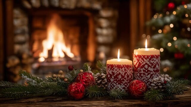 61Warm rustic fireplace framed by pine branches, ornaments, and candles, gentle firelight reflecting off shiny red and gold baubles