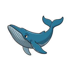 A cartoon blue whale swims with a gentle expression, flippers spread, and tail up high.