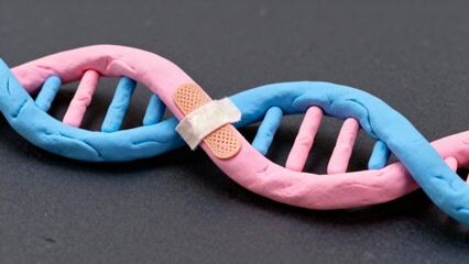 Knitted DNA model with a band-aid, symbolizing health restoration and self-care concept