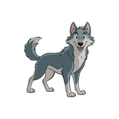 Cartoon wolf stands with a friendly smile, its gray and cream fur distinct and appealing.