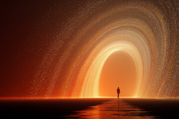 Ethereal glowing archway symbolizing healing and positive transformation. Person walking into glowing archway made of soft swirling particles, warm gradient hues. Ethereal transformative feeling.