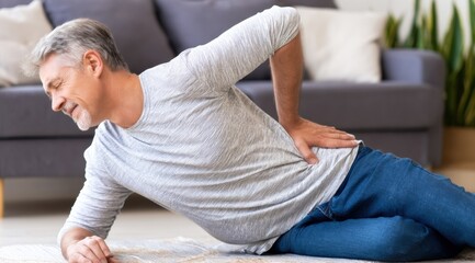 Mature Man Experiencing Lower Back Pain at Home, Health Issue or Injury Concept