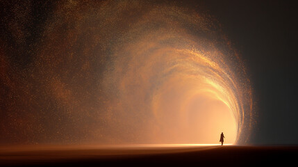 Ethereal glowing archway symbolizing healing and positive transformation. Person walking into glowing archway made of soft swirling particles, warm gradient hues. Ethereal transformative feeling.