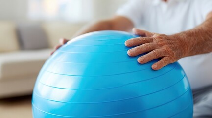 Senior Man Exercising with a Blue Exercise Ball for Fitness and Healthy Living at Home