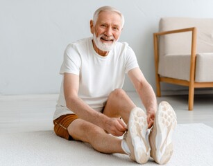 Happy Senior Man Tying Shoelaces Before Exercising at Home, Promoting Active and Healthy Lifestyle
