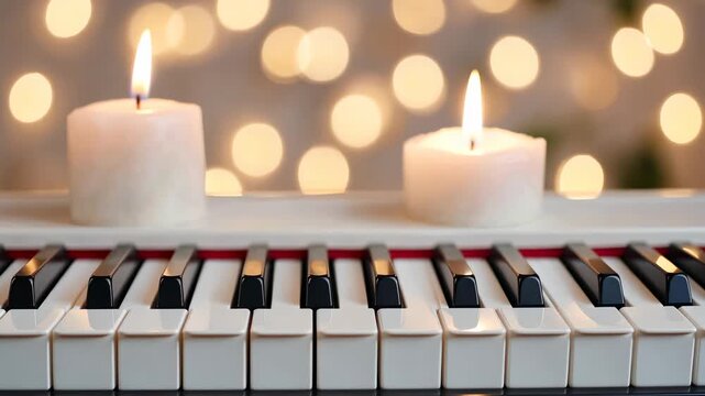 Warm candlelight and piano keys create a cozy holiday mood for intimate festivities