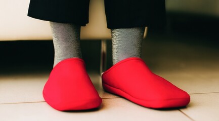 Person in Cozy Home Attire Wearing Red Slippers and Gray Socks on Floor Tiles