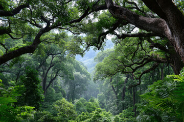 Obraz premium Lush Green Rainforest Canopy with Filtered Sunlight