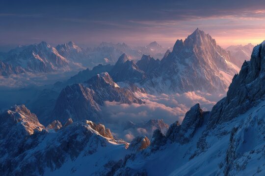 Incredible aerial view of Dolomites mountain range with fluffy clouds and sunrise light in Italy