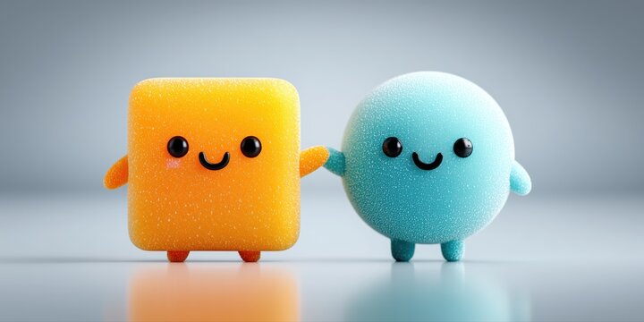 Cute 3D yellow cube and blue sphere characters holding hands.

