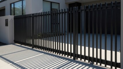Black modern metal fence gate in front of a contemporary house. Security and privacy solution for residential property in urban design.