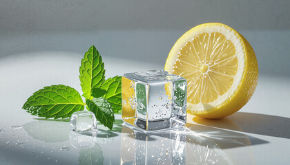 Ice cubes with fresh lemon and mint leaves, refreshing summer drink concept