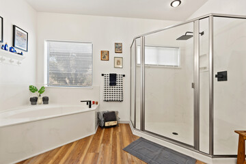 Sleek Fixtures With Functional Features, Stylish Bathroom Emphasizing Practicality And Modern Elegance